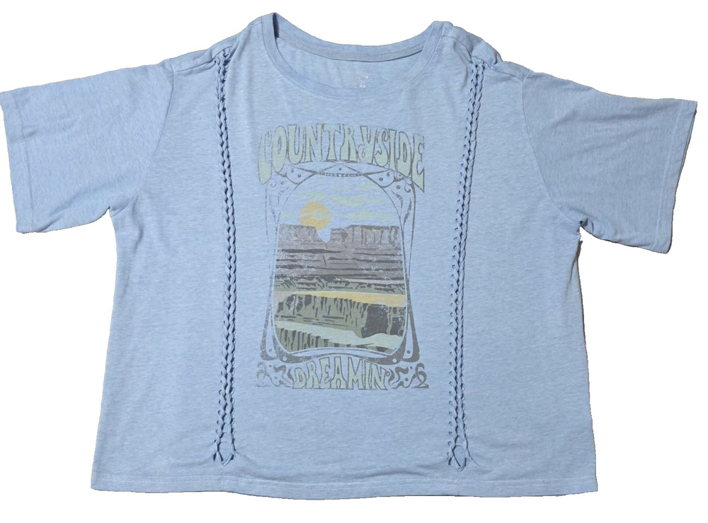 Cleo + Wolf "Countryside Dreamin" Blue Graphic T-Shirt - Braided Detail Size M